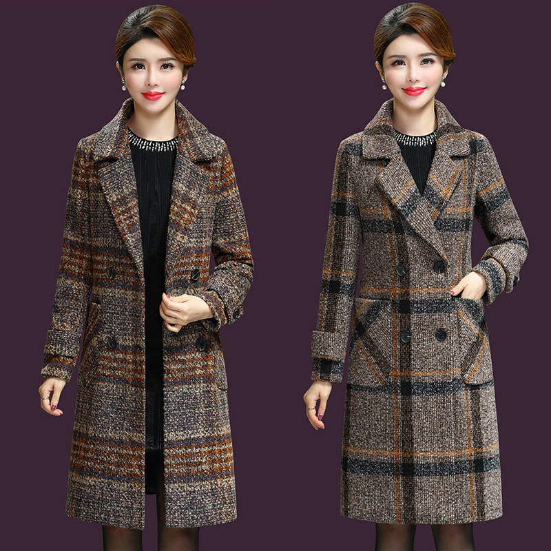 羊毛呢子中老年大衣女装中长款秋冬季中年格子羊绒毛呢外套妈妈装