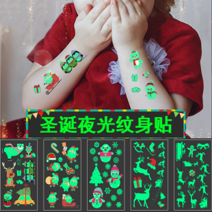 饰 夜光纹身贴圣诞节雪人企鹅脸部仿真卡通荧光贴橱窗玻璃贴化妆装