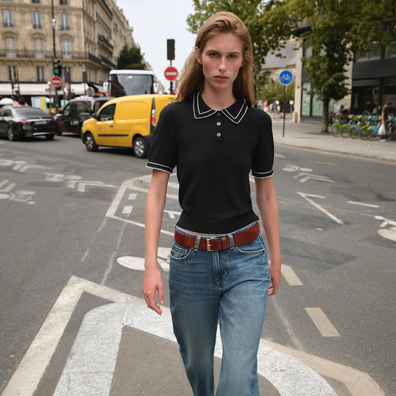 ZA 2025冬季新款女装百搭撞色缉线针织POLO衫领上衣 5755136 800