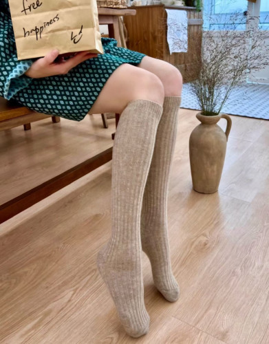韩系竖坑条羊毛过膝长筒袜女 秋冬保暖显瘦高筒堆堆袜纯色ins大