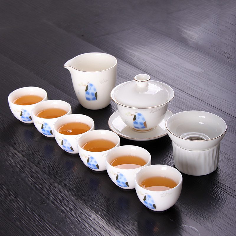 羊脂玉瓷整套功夫茶具套装舍得静心防烫礼品礼盒装中式盖碗茶具