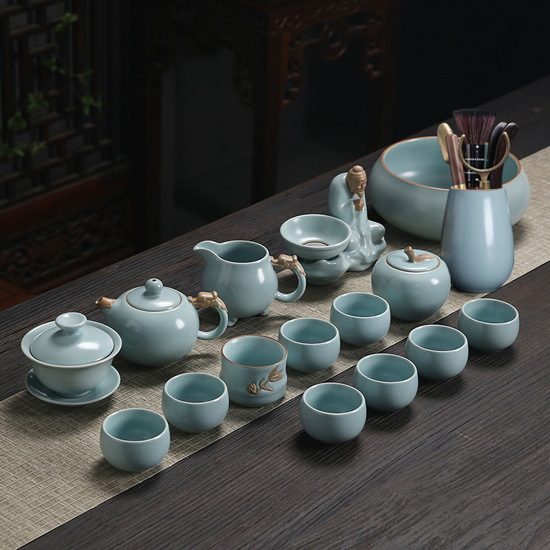 恒缘汝窑茶具套装礼盒装轻奢高档功夫茶壶茶杯整套天青色汝瓷冰裂