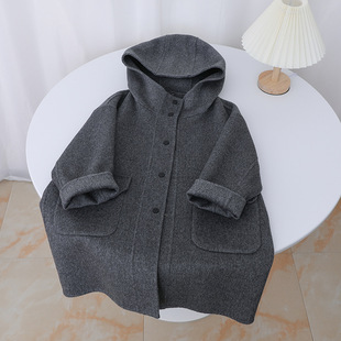 2025新款羊毛双面羊绒大衣男童女童儿童带帽宽松外套冬季中大童
