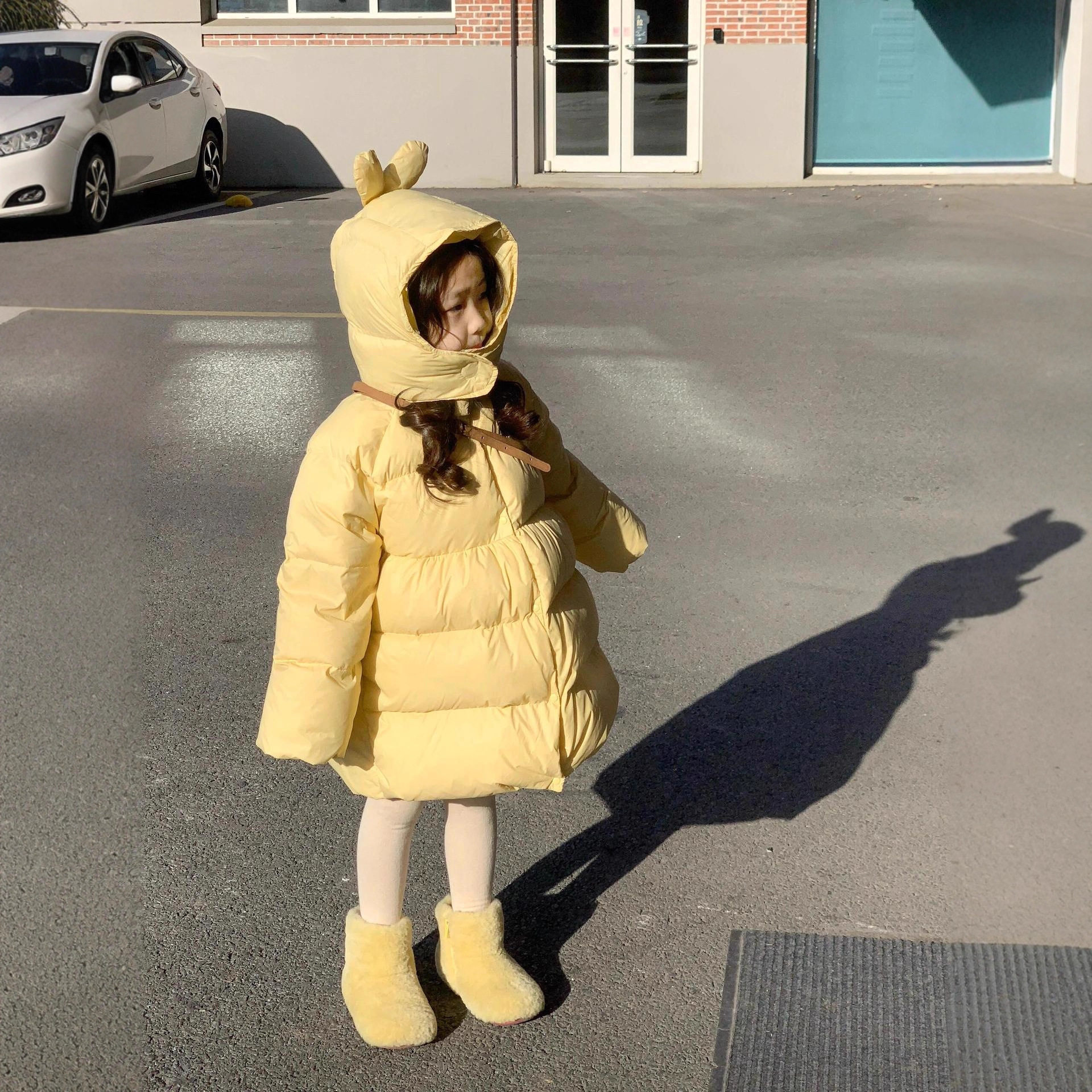 女童冬季卡通耳朵连帽中长款宽松羽绒棉棉衣黄色显白加厚棉服