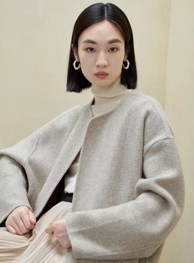 顺丰包邮…意大利设计师款LP中短款纯山羊绒双面绒宽松版无领大衣