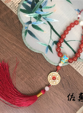 手工红玛瑙十八子压襟汉服配饰品复古风镶嵌背云流苏胸针挂饰