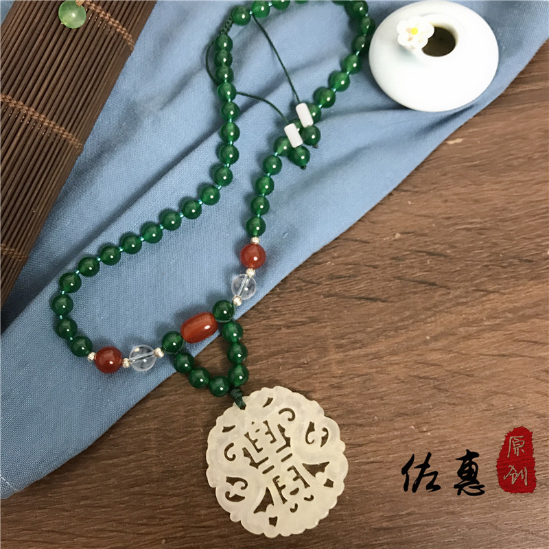 宫廷复古玛瑙串珠项链纯手工岫玉镂空玉佩挂牌锁骨链汉服配饰