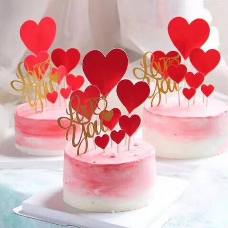 大红粉色爱心婚礼插牌生日蛋糕