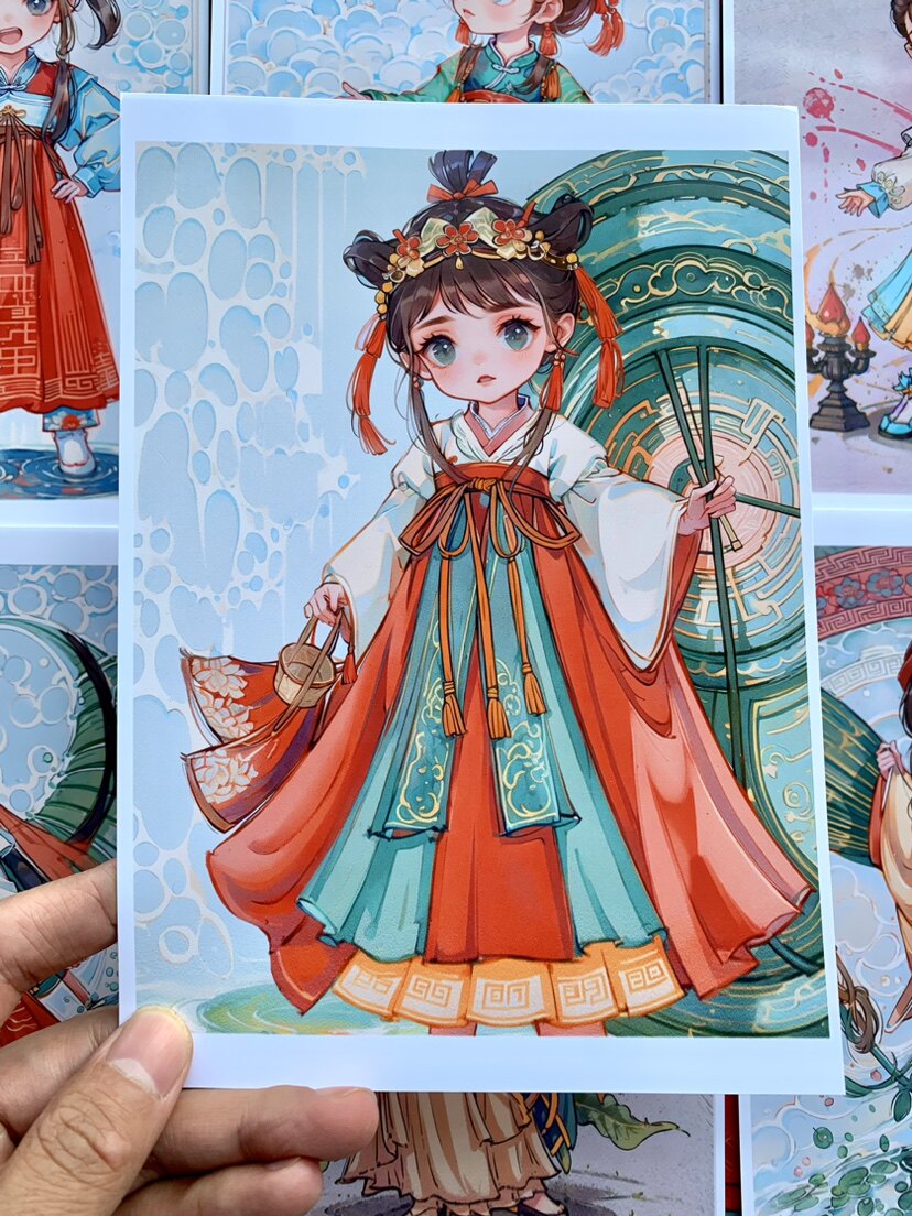 q版国风水彩孩2临摹卡儿童创意美术明信片水彩初中级卡通人物