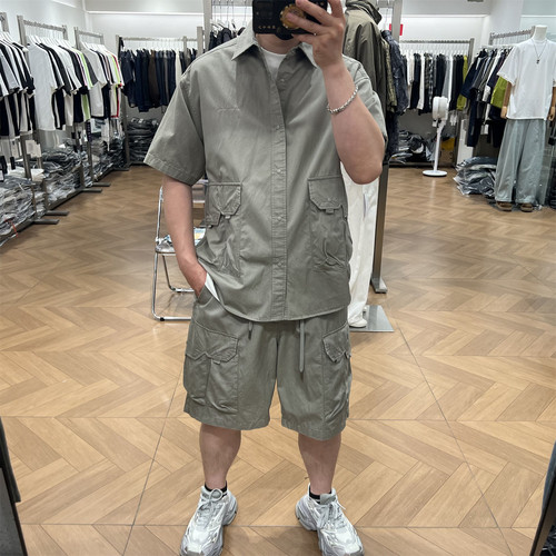 工装翻领莱赛尔短袖衬衫短裤套装