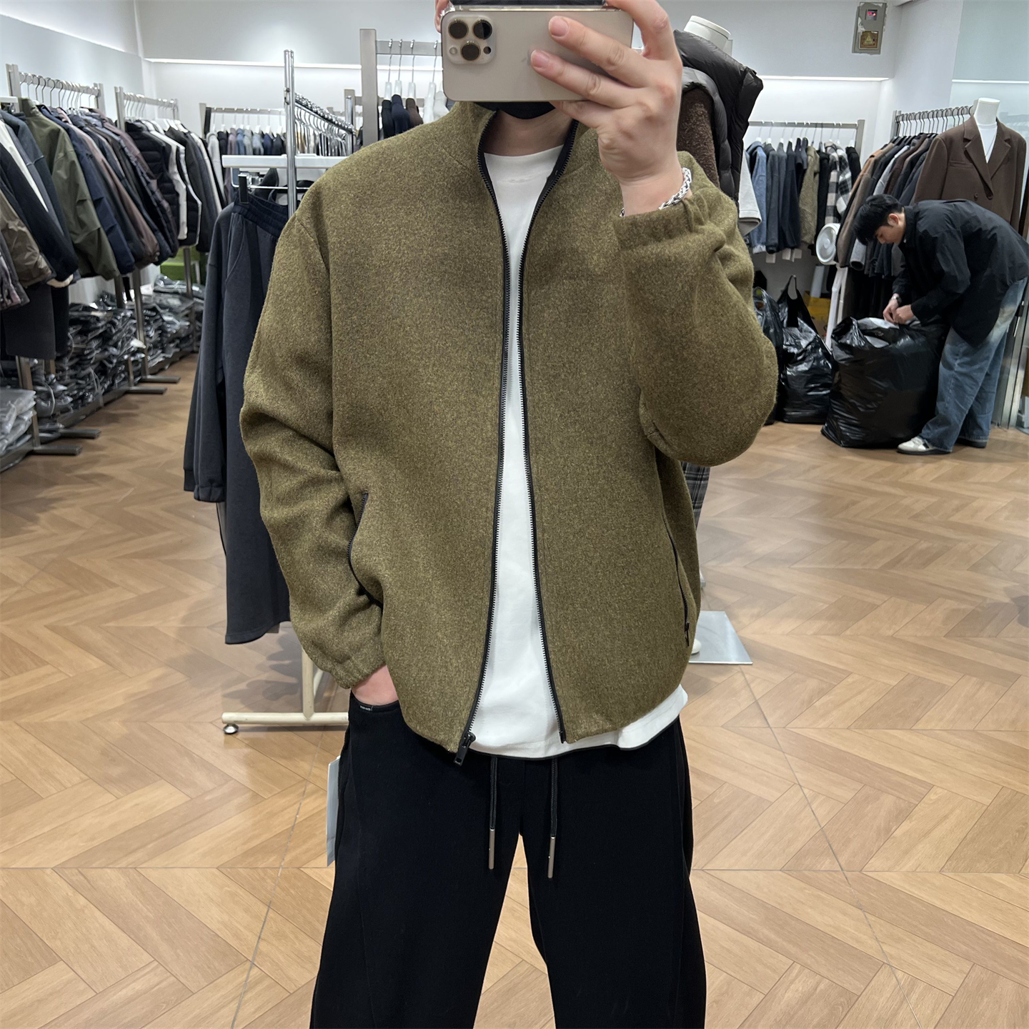 拼接撞色加厚立领拉链针织开衫潮