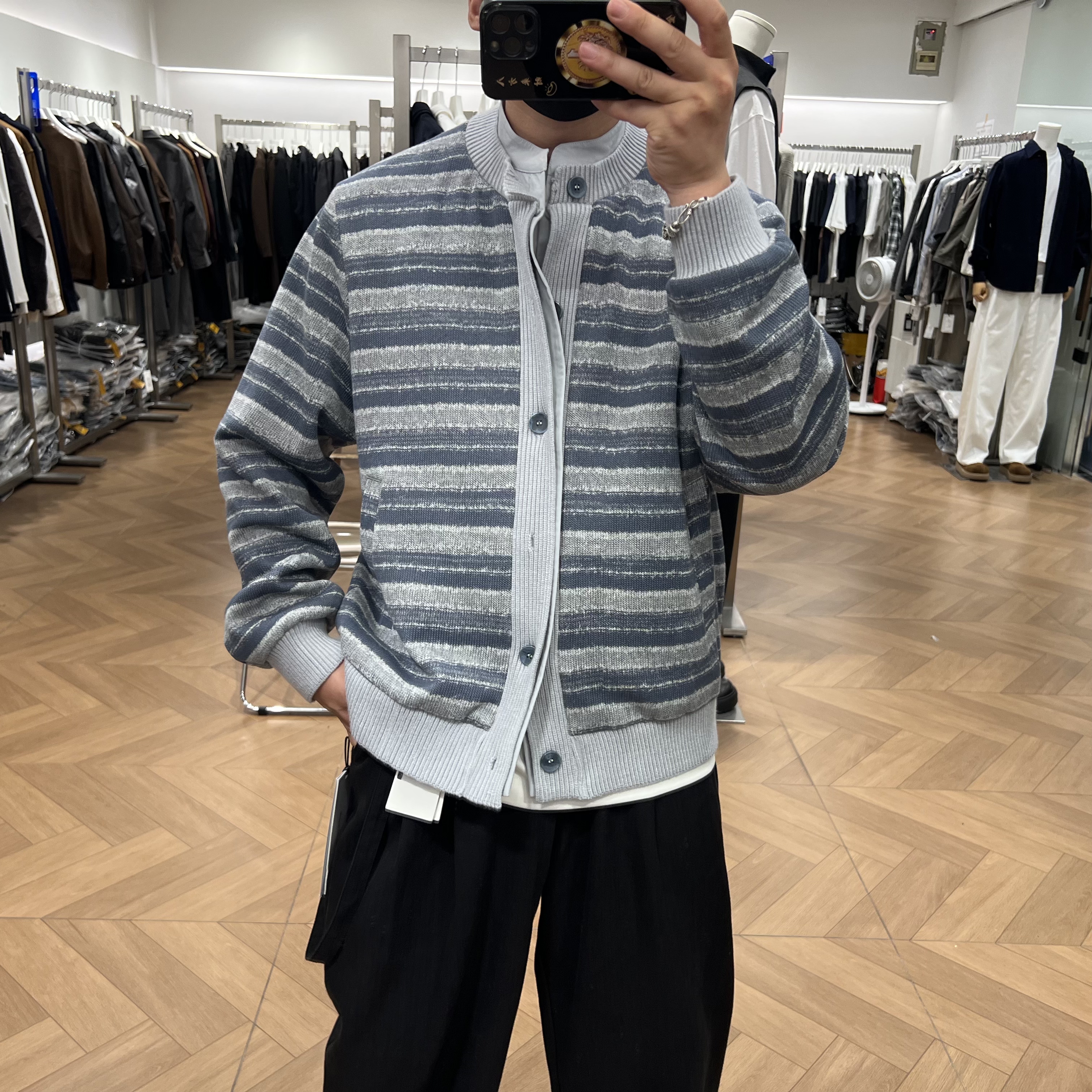 设计感棒球领条纹外套针织开衫潮