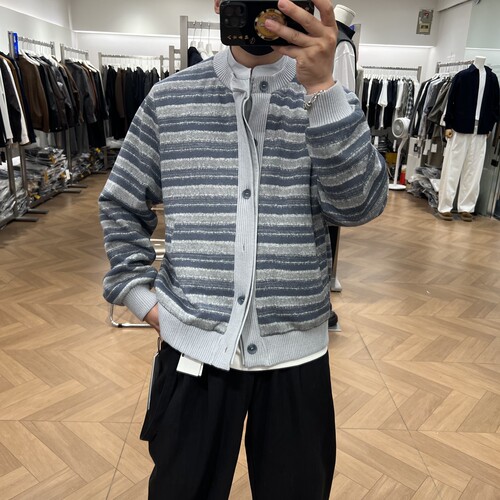 设计感棒球领条纹外套针织开衫潮