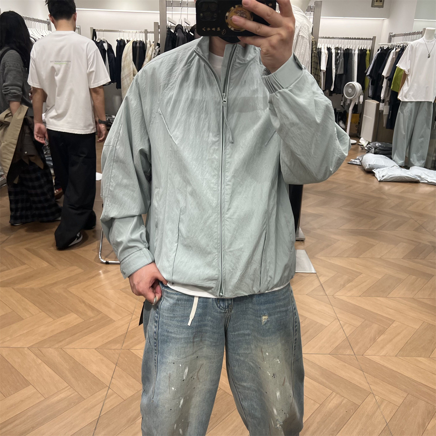 春夏纯色极简拼接立领夹克男潮流美式宽松通勤百搭薄款防嗮服外套