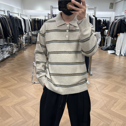 老钱风撞色条纹针织POLO衫毛衣潮