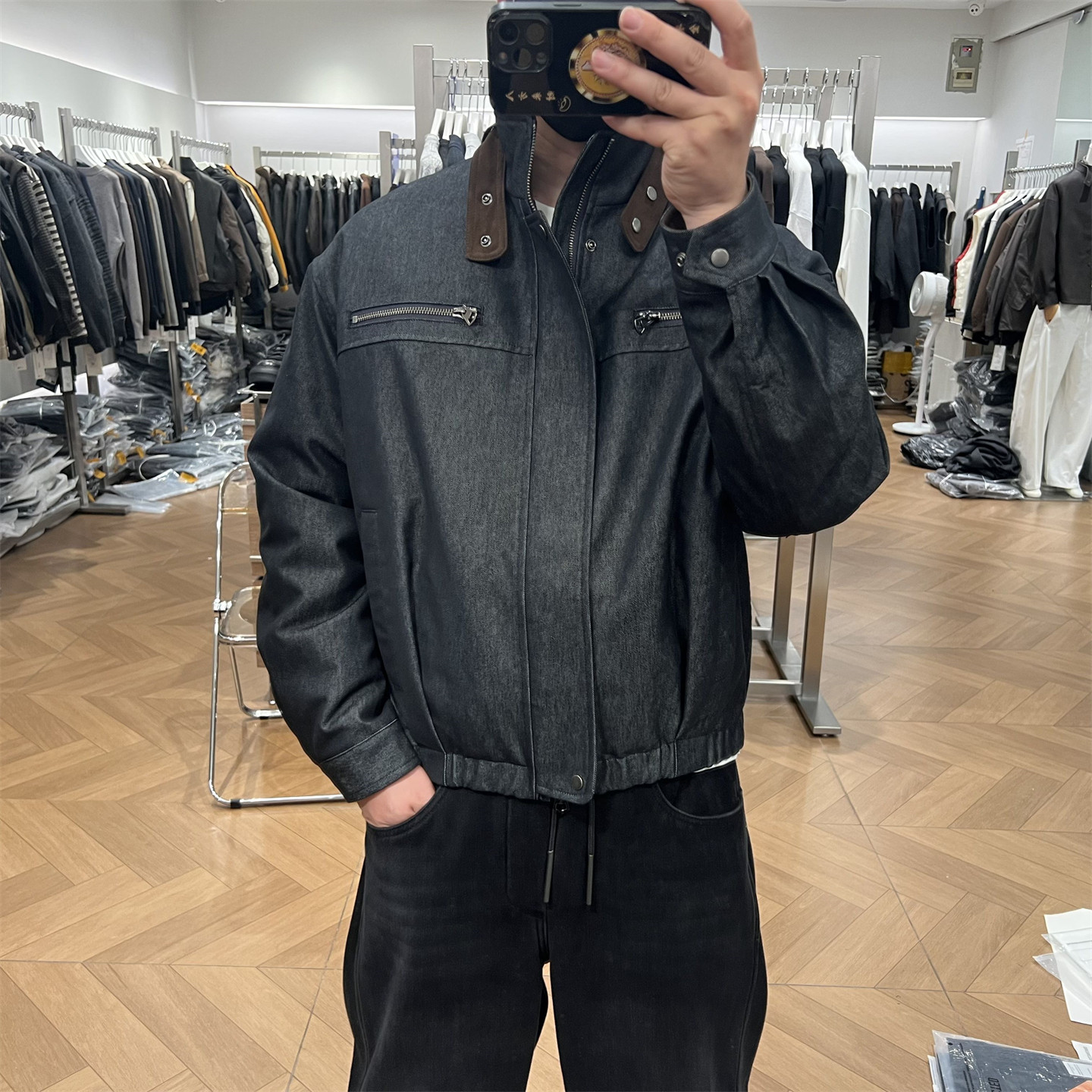 哈灵顿拼接单宁色牛仔羽绒服外套