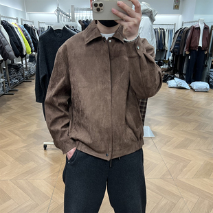 2026春上新轻奢复古风男士 翻领麂皮绒皮衣外套宽松休闲通勤夹克潮