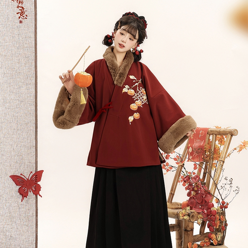 洛花赋原创柿柿如意明制汉服女日常套装对穿直领短袄冬款加厚毛呢