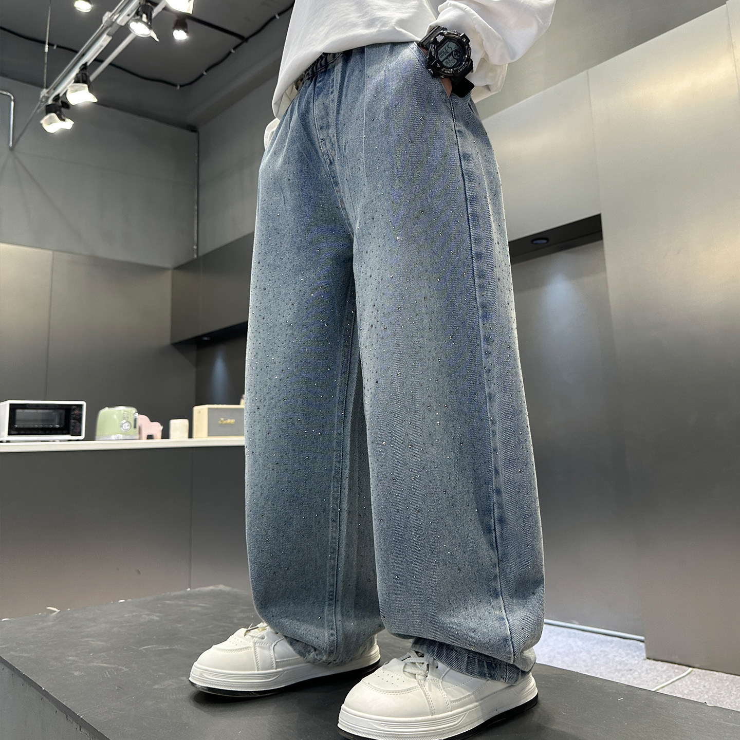 男童春秋烫钻满天星牛仔长裤图片
