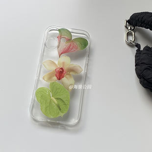 海浪公园 绿色植物花卉精孔适用于苹果17PM手机壳tpu透明软壳硅胶三星s25至尊小米17pro华为 拍三免一