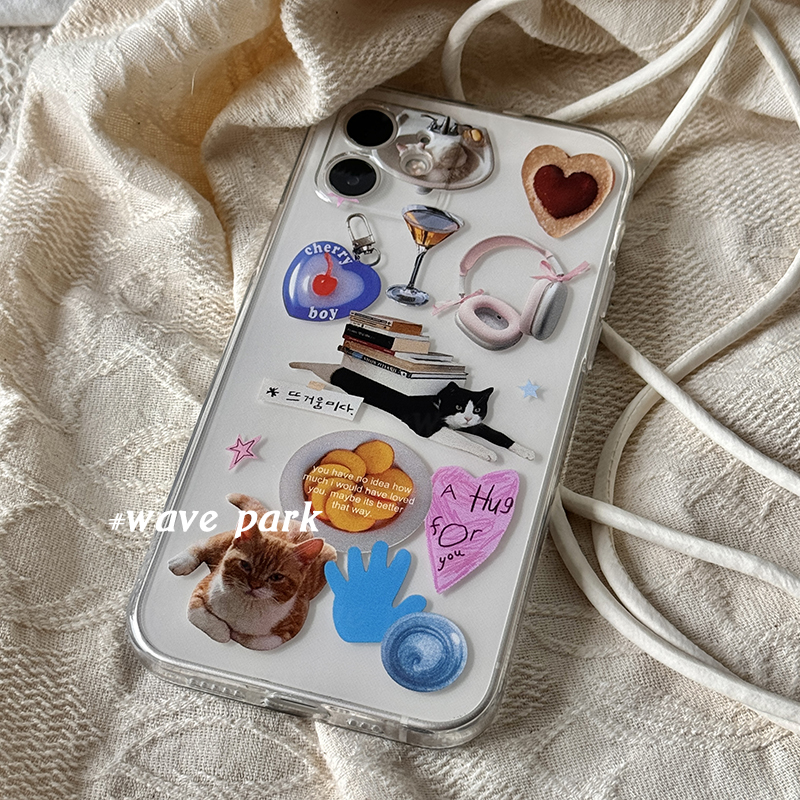 海浪公园【拍三免一】奶牛猫拼贴小众ins风适用于iPhone15promax手机壳tpu透明软壳小米14