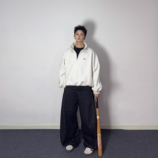 老鼻噶春季 复古短宽boxy半开领套头卫衣男女cleanfit上衣中性 美式