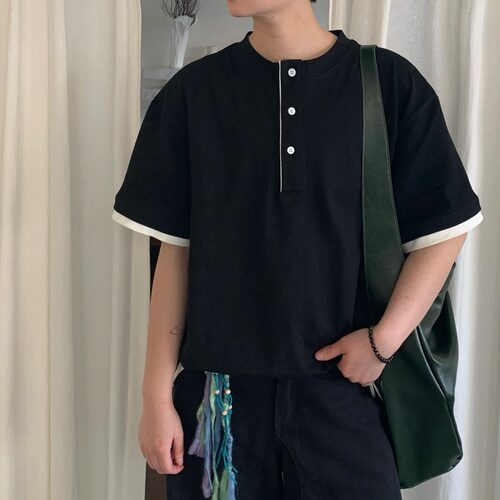 老鼻嘎美式boxy复古亨利领假两件拼色T恤男女宽松纽扣vintage短袖