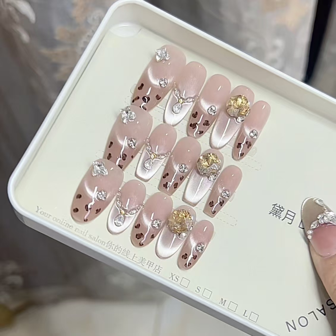 【蜜棕豹纹】秋冬手绘豹纹法式猫眼手工穿戴甲香槟钻高级气质美甲