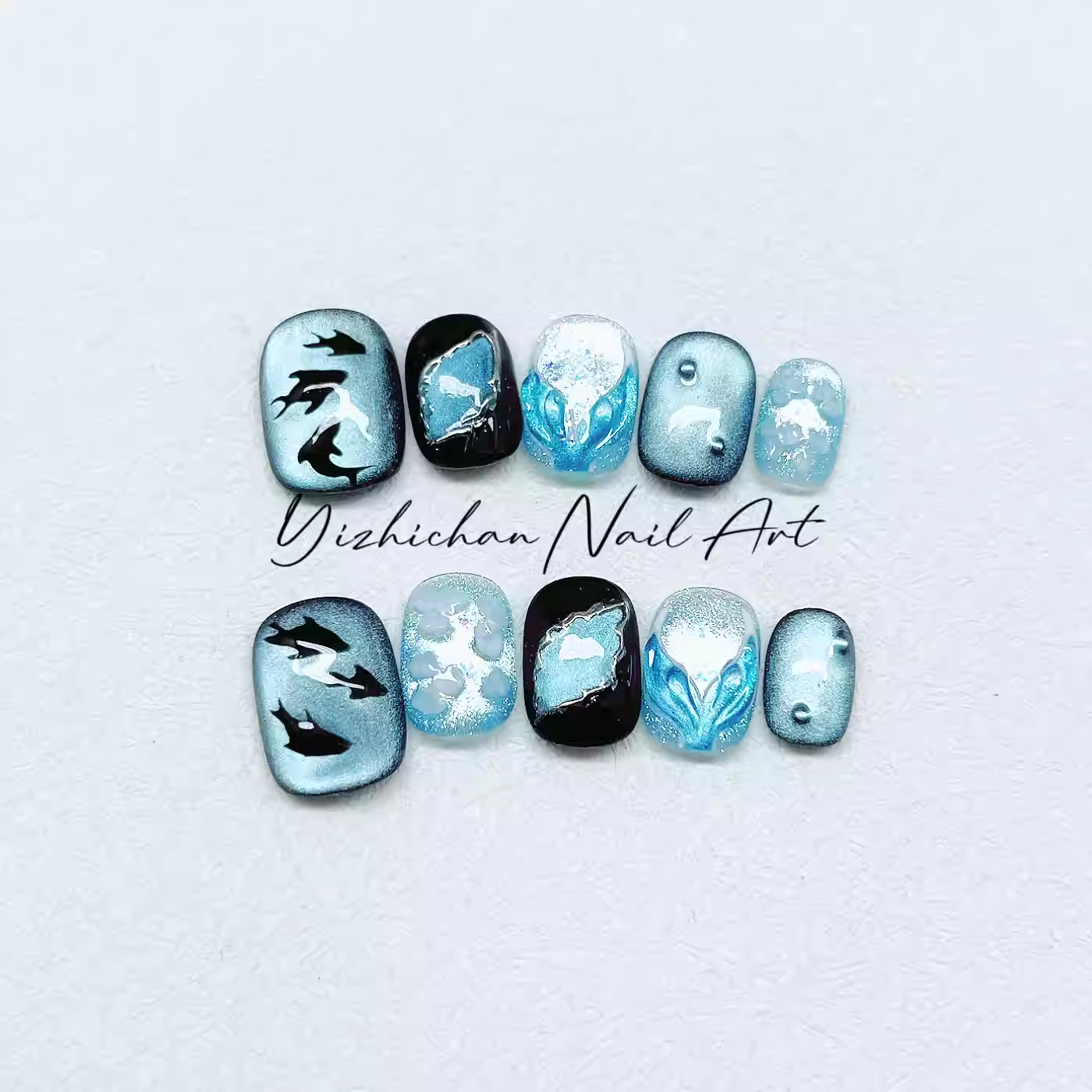 【海洋之迷】纯手工穿戴甲梦幻蓝猫眼手绘鱼尾简约气质显白美甲贴