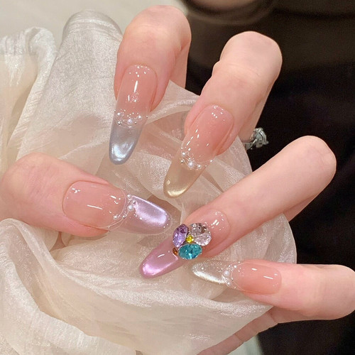 【彩虹琉璃】彩色法式猫眼纯手工穿戴甲珍珠锆石钻气质显白美甲贴