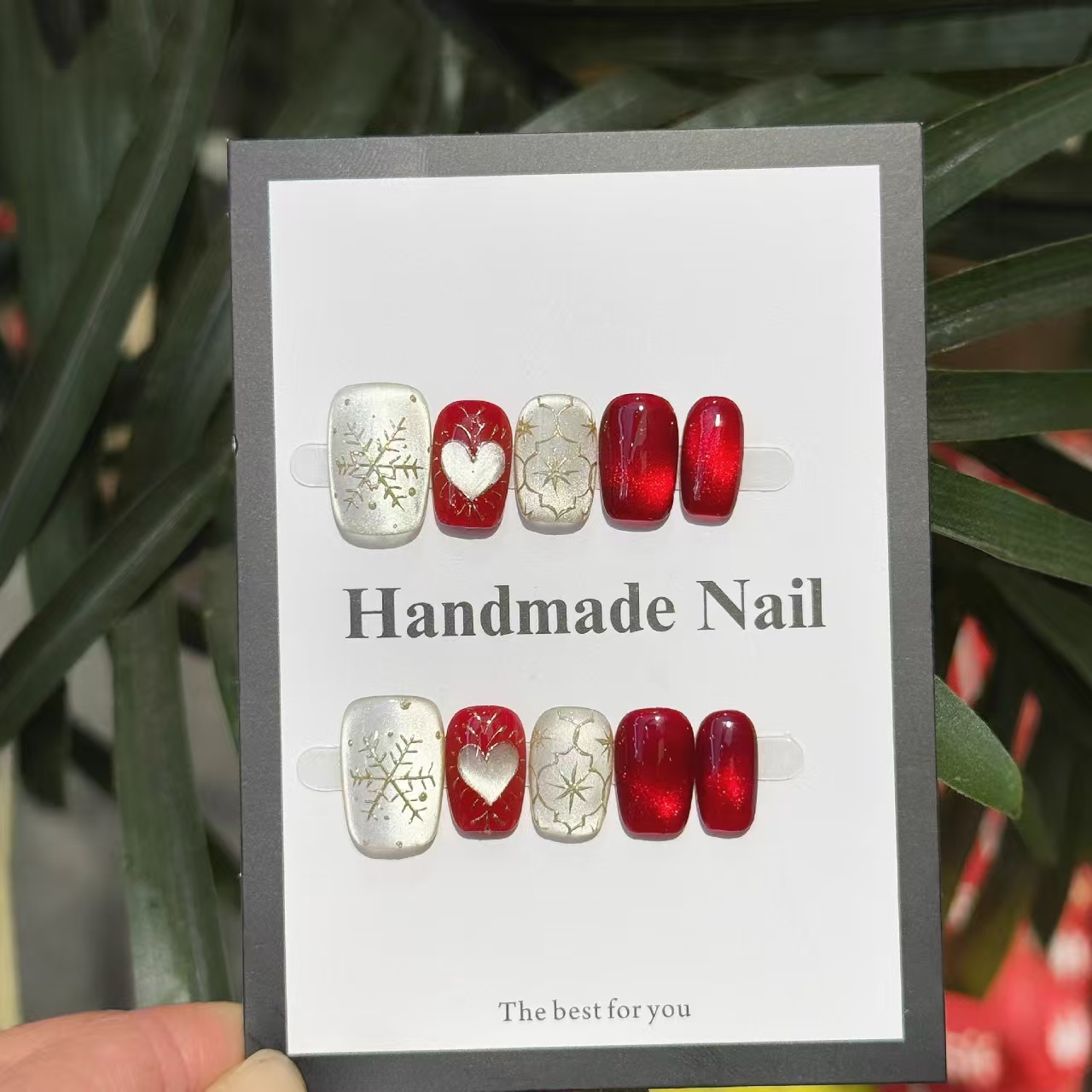 【红雪霏霏】手绘雪花红色香槟猫眼纯手工穿戴甲高级显白短款美甲