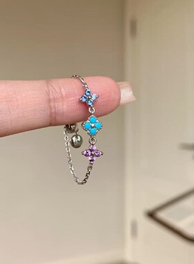 莫奈花园夏日多巴胺四叶草抽拉戒指女ins风小众时尚百搭轻奢高级