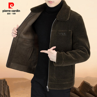 皮尔卡丹皮毛一体秋冬男士外套羊剪绒冬季羊毛呢大衣高档翻领夹克