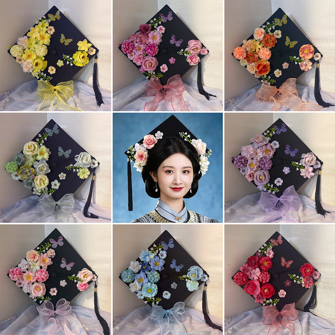 毕业学士帽中式簪花手工diy成品硕士博士帽大班材料包头饰仿真花