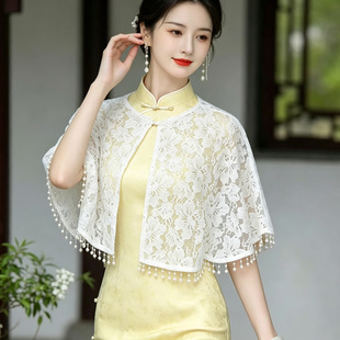 旗袍披肩新中式流苏夏季薄款国风外搭晚礼服裙子蕾丝绣花开衫外套