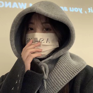 假帽子领连帽ins针织大头围脖一体法拉帽显脸小保暖护颈秋冬披肩