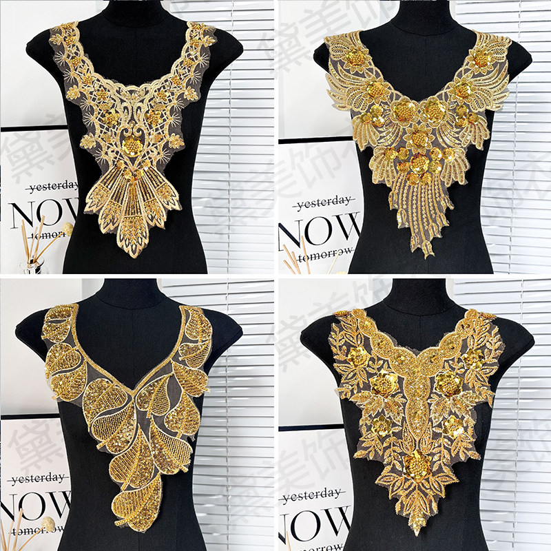 手缝晚礼服装饰钉珠亮片门襟胸前绣花领花圆领V领diy重工补丁布贴