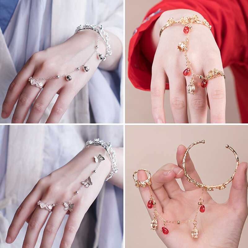 敦煌铃铛手链戒指一体汉服开口中国风宫廷复古配饰新中式古装手镯