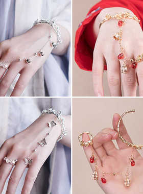 敦煌铃铛手链戒指一体汉服开口中国风宫廷复古配饰新中式古装手镯