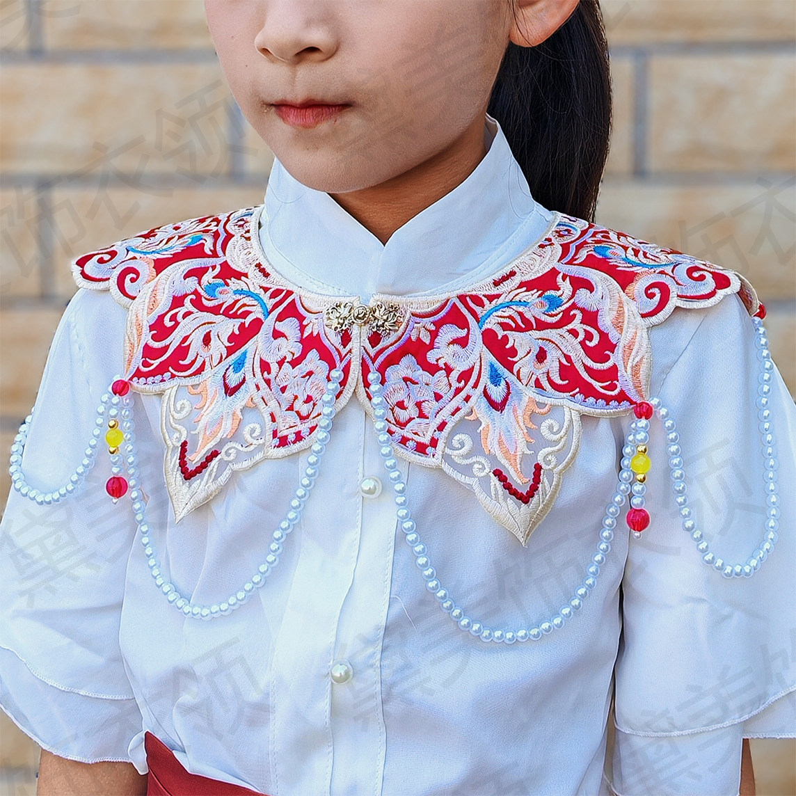 新款云肩马面裙明制汉服女童礼服拜年喜庆珠串中式舞蹈演出服披肩