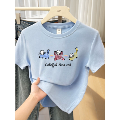 正肩女款圆领t恤短袖蓝色上衣服夏装新款2026超火减龄爆款体恤衫