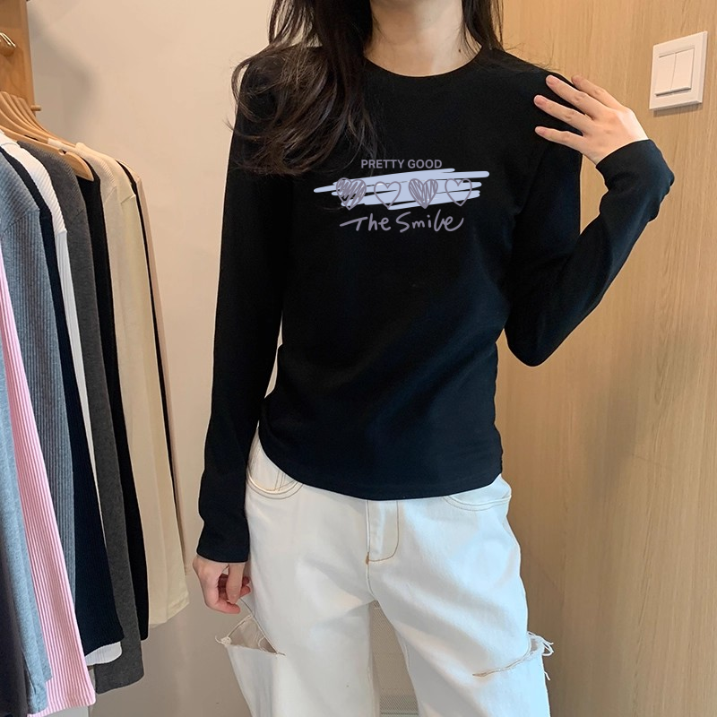 正肩黑色长袖t恤女款薄款早秋