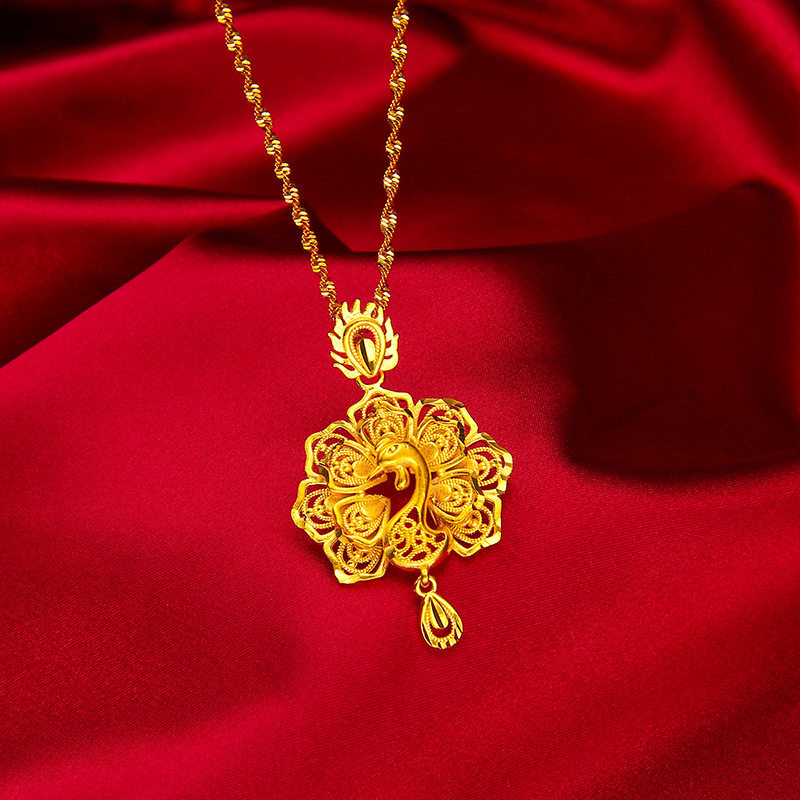 24k黄金首饰 孔雀开屏锁骨女款项链 黄铜金工艺 越南沙金吊坠