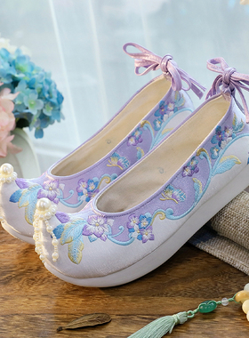 古风鞋子女汉服内增高翘头履绣花鞋平底百搭配古代装明制宋制淡雅