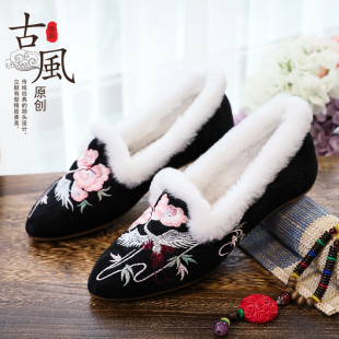 保暖鞋 时尚 女棉鞋 小尖头民族风绣花鞋 毛口棉拖鞋 家居鞋 老北京布鞋