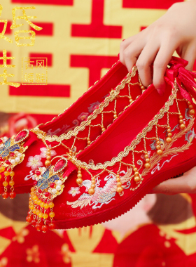 红色秀禾婚鞋中式新娘鞋原创珍珠流苏汉服鞋子女绣花鞋古风内增高