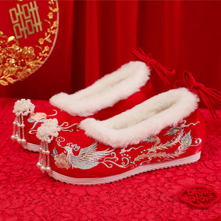 冬新款手工流苏加绒汉服婚鞋中式红色明制古风绣花鞋秀禾鞋新娘鞋