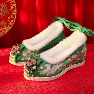 民族风流苏中式 加绒秀禾汉服鞋 婚礼古装 冬季 刺绣鞋 绿色古风新娘鞋