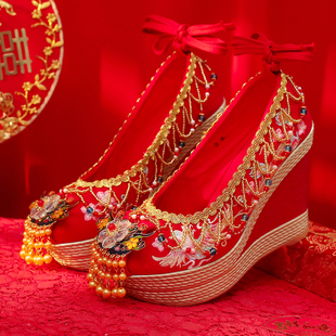 绣禾缘原创汉服婚鞋春秋明制彩凤头饰手工红色中式新娘绣花鞋古风