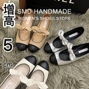 羊皮版~小香风平底内增高单鞋女春款法式气质蝴蝶结白色玛丽珍鞋